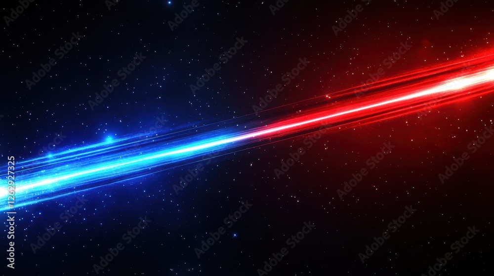 Poster Red and blue light streaks create a dynamic motion blur effect on a black background, evoking speed and futuristic digital art concepts