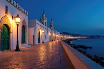 Seaside Serenity: The Illuminated Mosque by Twilight