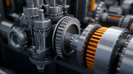 Fototapeta premium focused image of heavy industrial machine showcasing intricate gears, shafts, and components, highlighting precision engineering and robust design essential for heavy duty applications