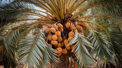 A close-up view of a date palm tree with clusters of ripe, golden-brown dates hanging from its branches. The palm leaves create a tropical, vibrant feel with bright sunlight filtering through.