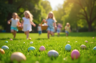 easter egg hunt. small kids boys and girls run to collect eggs scattered in grass of outdoor natural park. focus on eggs, children out of focus.