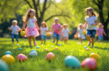 easter egg hunt. small kids boys and girls run to collect eggs scattered in grass of outdoor natural park. focus on eggs, children out of focus.