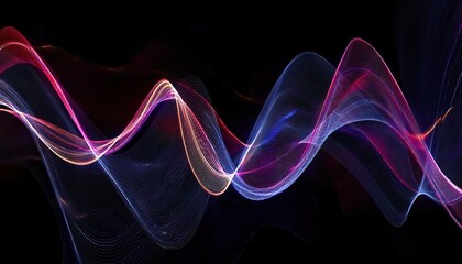 vibrant neon light wave pattern on black background, abstract energy flow with glowing curves for futuristic digital design
