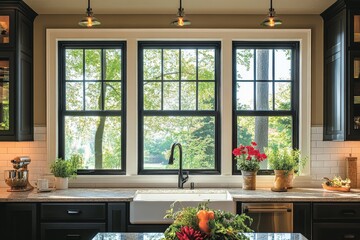 Bright kitchen with large windows showcasing lush greenery and vibrant flowers, inviting natural light in a cozy setting