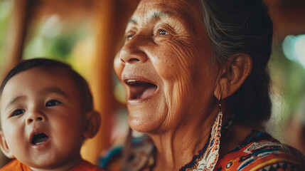 A close-up of a grandmother teaching her grandchild traditional songs in their native language, fostering intergenerational learning and the passing down of linguistic heritage
