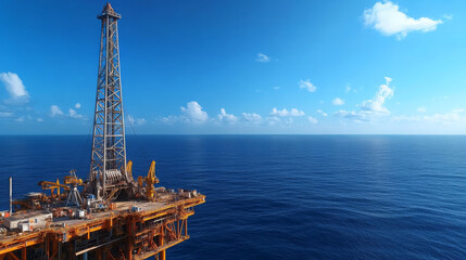 high angle view of offshore drilling rig surrounded by vast ocean waters clear blue sky. scene captures industrial structure and serene environment, evoking sense of exploration and energy