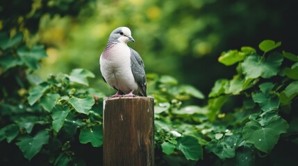 Obraz premium A bird is perched on a wooden post. The bird is white and gray. The background is green and has trees