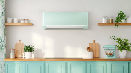 modern kitchen with pastel green cabinets, wooden shelves, and mint green air conditioner, complemented by plants and kitchen accessories