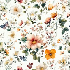 watercolor floral seamless pattern with roses wildflowers botanical leaves branches butterflies spring summer design