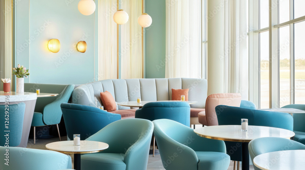 Aufkleber modern cafe with pastel colored furniture, round tables, and large windows creating bright and invit