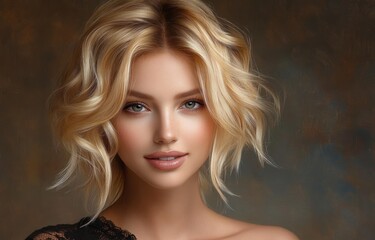 Fototapeta premium Portrait of a Woman with Wavy Blonde Hair in Classical Oil Painting Style
