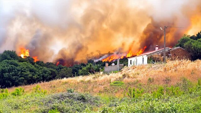 Huge forest fire threatens home in Portugal