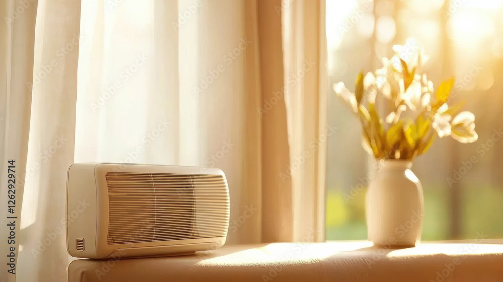 Poster compact air conditioner placed on windowsill with soft sunlight streaming through sheer curtains, ne