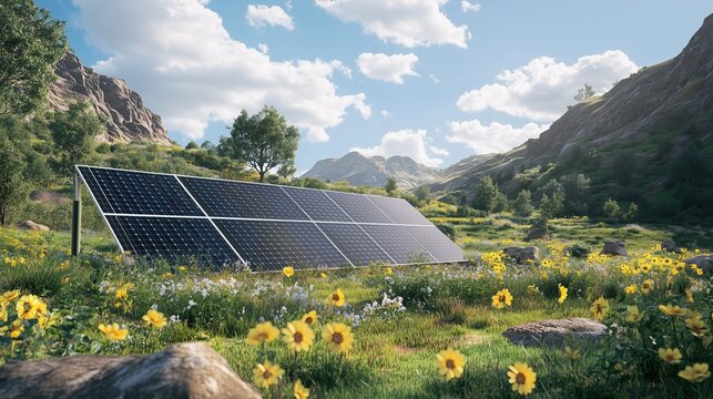 Freely rotatable hydraulic tracking PV system aligned with the sun in a sunny landscape