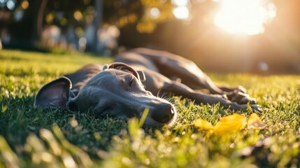 Fototapeta premium cute young greyhound dog lying on grass in the park