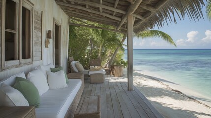 Obraz premium Tropical Beachfront Porch with Turquoise Water View with Outdoor Furniture and Cushions Decorated wi