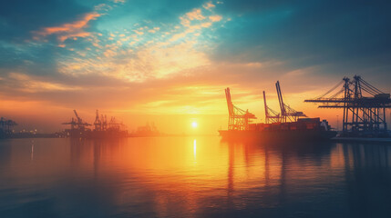Fototapeta premium Container truck in ship port for business Logistics and transportation of Container Cargo ship and Cargo plane with working crane bridge in shipyard at sunrise, logistic import export and transport