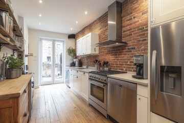 Fototapeta premium Modern kitchen with exposed brick, stainless steel appliances, and wood accents in a bright urban setting