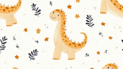 Funny baby pattern with cute brachiosaurus, kids print, greeting card. Seamless background with prehistoric animals, cute vector texture for baby bedding, fabric, wallpaper, wrapping paper, textile, t