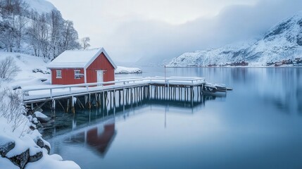 Fototapeta premium winter envelopes a Norwegian pier, its snow-draped structure a peaceful contrast to the vast, icy waters around it