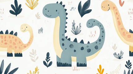 Funny baby pattern with cute brachiosaurus, kids print, greeting card. Seamless background with prehistoric animals, cute vector texture for baby bedding, fabric, wallpaper, wrapping paper, textile, t