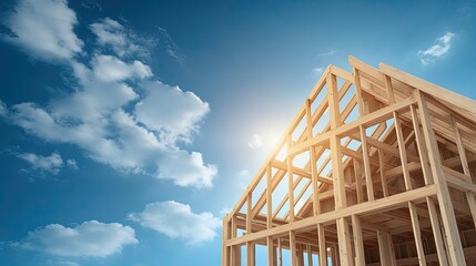 Wooden framework of a house in the construction phase set against a vibrant blue sky, providing ideal space for banners or captions