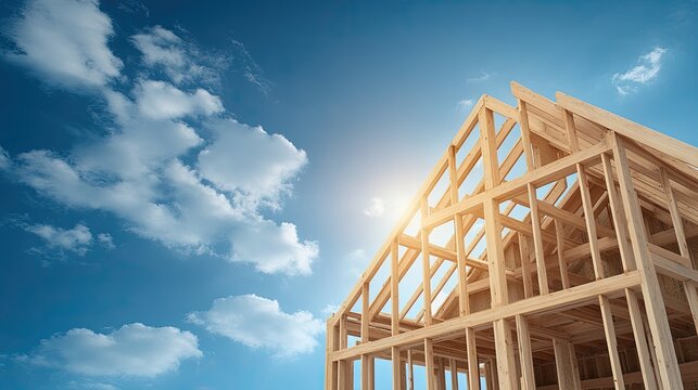 Wooden framework of a house in the construction phase set against a vibrant blue sky, providing ideal space for banners or captions
