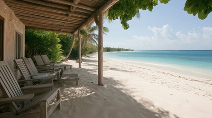 Tropical Beachfront Patio With Wooden Chairs And Turquoise Water