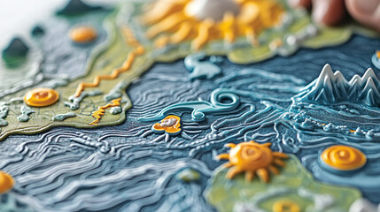 A close-up of a meteorological weather map with symbols for rain, wind, and temperature, alongside a weather forecaster providing a detailed report, 