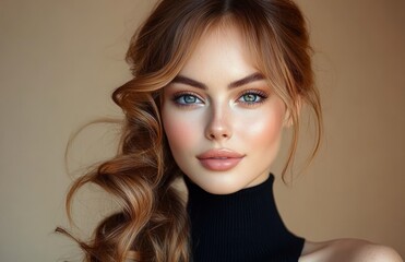 Fototapeta premium Elegant woman with wavy hair in trendy jewelry big earrings stylish fashion natural makeup portrait