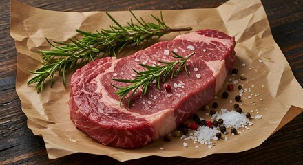 Fototapeta premium Juicy Ribeye Steak with Rosemary and Spices Ready to Grill