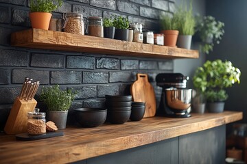 Fototapeta premium Rustic kitchen shelf adorned with herbs, spices, and utensils in a modern setting