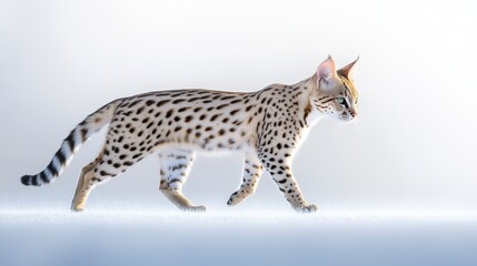 Fototapeta premium Beautiful F5 Savannah cat walking side ways. Looking away from camera showing profile. Isolated on a white background.