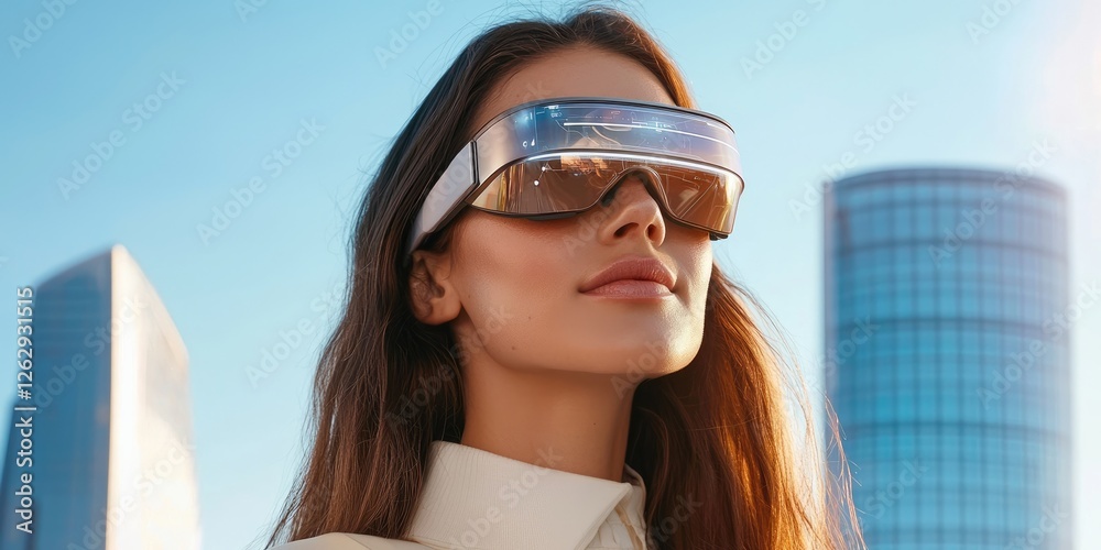 Poster future fashion trends blending high-tech wearables with classic styles, captured on a clean backdrop