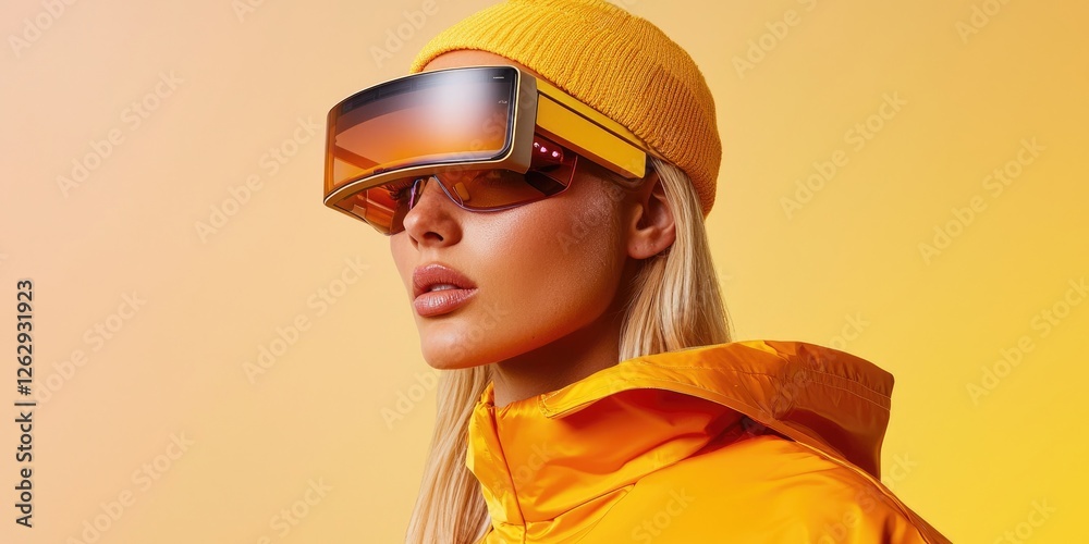 Poster future fashion trends blending high-tech wearables with classic styles, captured on a clean backdrop