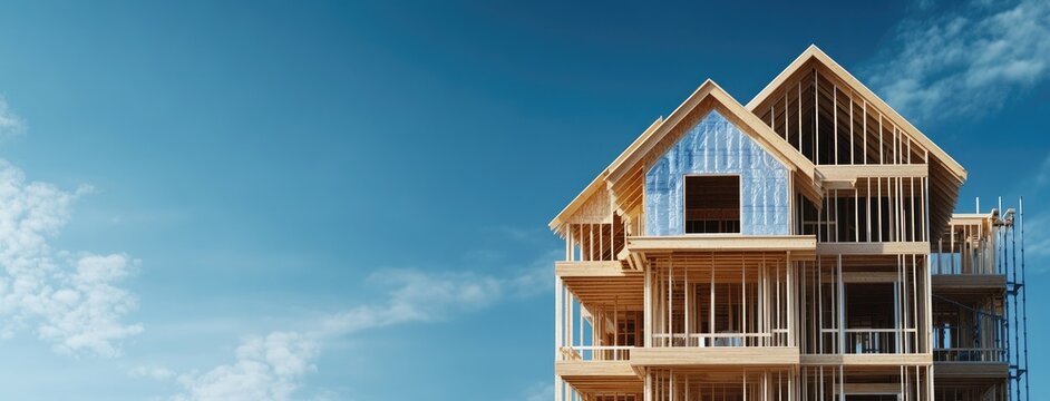 Wooden framework of a house in the construction phase set against a vibrant blue sky, providing ideal space for banners or captions