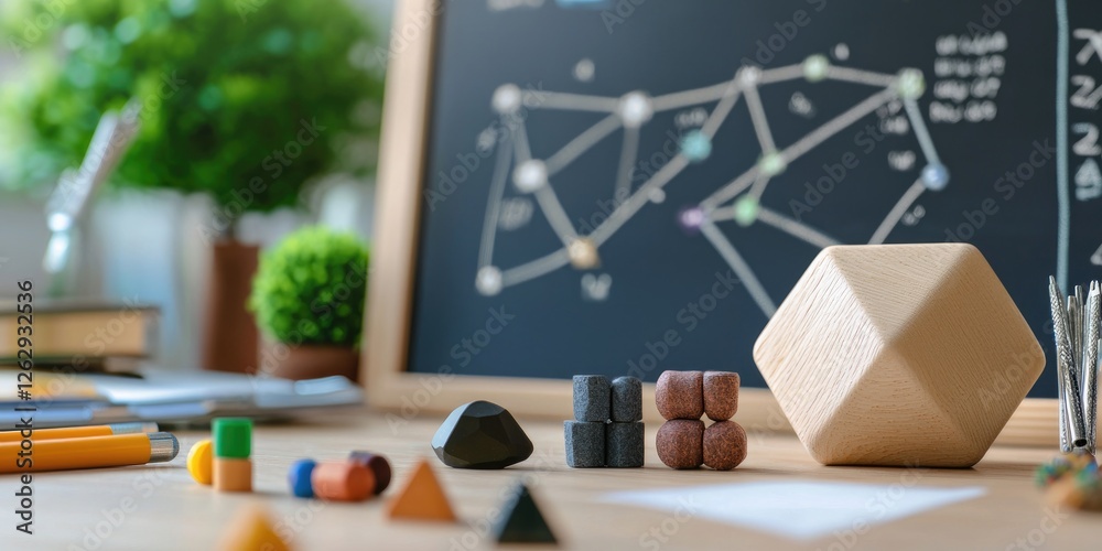 Poster close-up of complex equations and mathematical calculations on a chalkboard, accompanied by geometric shapes and scientific instruments, all against a soft, neutral backg