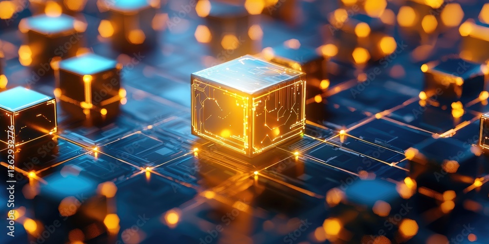 Fototapete visual representation of a distributed ledger system illustrating secure transactions with cryptographic symbols and glowing digital lines, neutral background, emphasis o