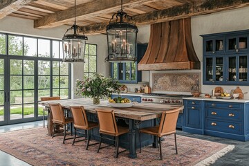 Fototapeta premium Elegant modern kitchen featuring rustic elements with a large dining table and beautiful views of the garden