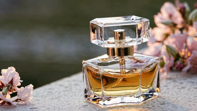 Elegant perfume bottle on a stone surface, captured at eye level. Soft, warm lighting creates a luxurious, dreamy video aesthetic.