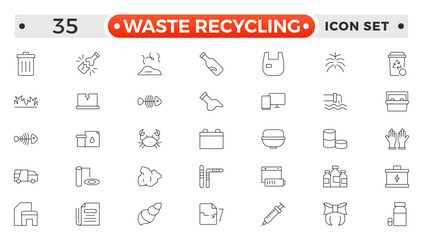 Waste Recycling outline icons. Garbage disposal. Trash separation, waste sorting with further recycling. Plastic bottle, biodegradable trash, junk truck, landfill, paper, glass, battery, conveyor.