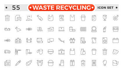 Waste Recycling outline icons. Garbage disposal. Trash separation, waste sorting with further recycling. Plastic bottle, biodegradable trash, junk truck, landfill, paper, glass, battery, conveyor.