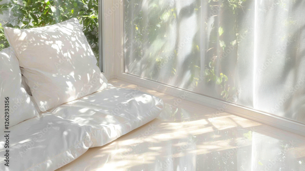 Aufkleber cozy white cushion setup by sunlit window with soft shadows of leaves creating serene and relaxing atmosphere