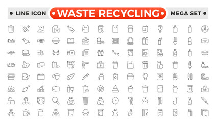 Waste Recycling outline icons. Garbage disposal. Trash separation, waste sorting with further recycling.Plastic bottle, biodegradable trash, junk truck, landfill, paper, glass, battery, conveyor.