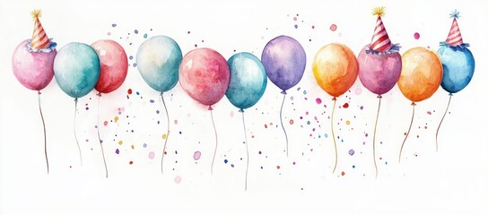 Colorful Watercolor Balloons and Party Hats for Celebrations and Events