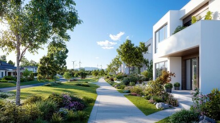 Fototapeta premium Aerial view of a futuristic carbon neutral industrial neighborhood featuring modern sustainable architecture blended seamlessly with lush green spaces renewable energy infrastructure