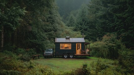 Fototapeta premium Dark Green Tiny House in Lush Forest Park