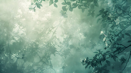 Serene forest scene with mist, lush greenery, and soft light filtering through leaves
