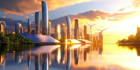 Fototapeta premium A futuristic city skyline powered by renewable energy sources, featuring solar panels and wind turbines against a neutral sky