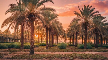 A close-up view of a date palm tree with clusters of ripe, golden-brown dates hanging from its branches. The palm leaves create a tropical, vibrant feel with bright sunlight filtering through.